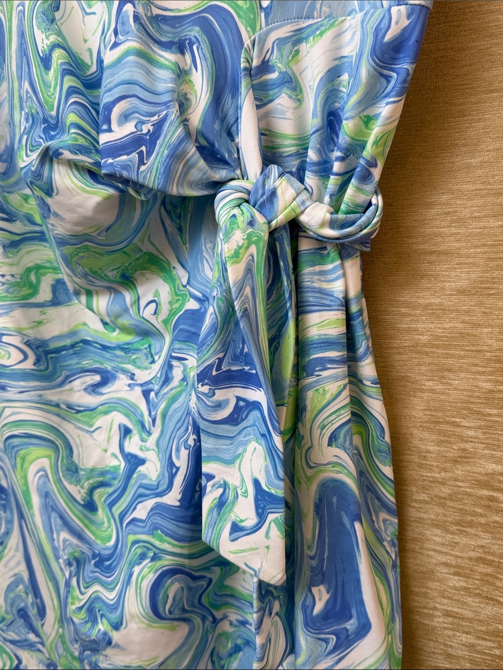 J. McLaughlin Swirl Print Tie-Waist T-Shirt Dress in Blue & Green - Picture 3 of 4